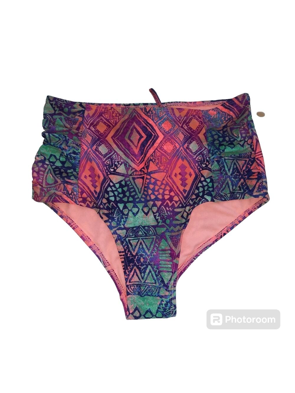Apollo Swim Pink Blue Geometric Print High Rise Bikini Bottoms Size M